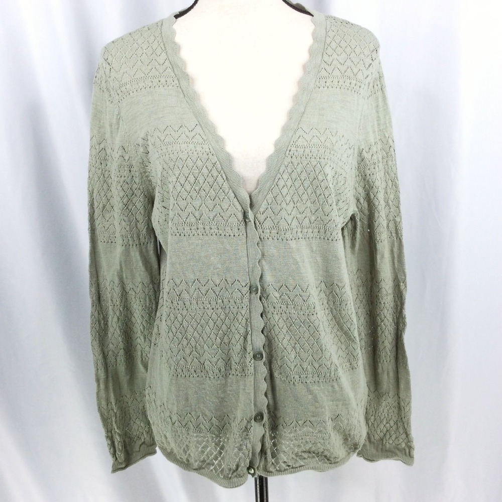FRYE Pointelle Cardigan Sweater Women's Size Large Green V-Neck Button Scallop